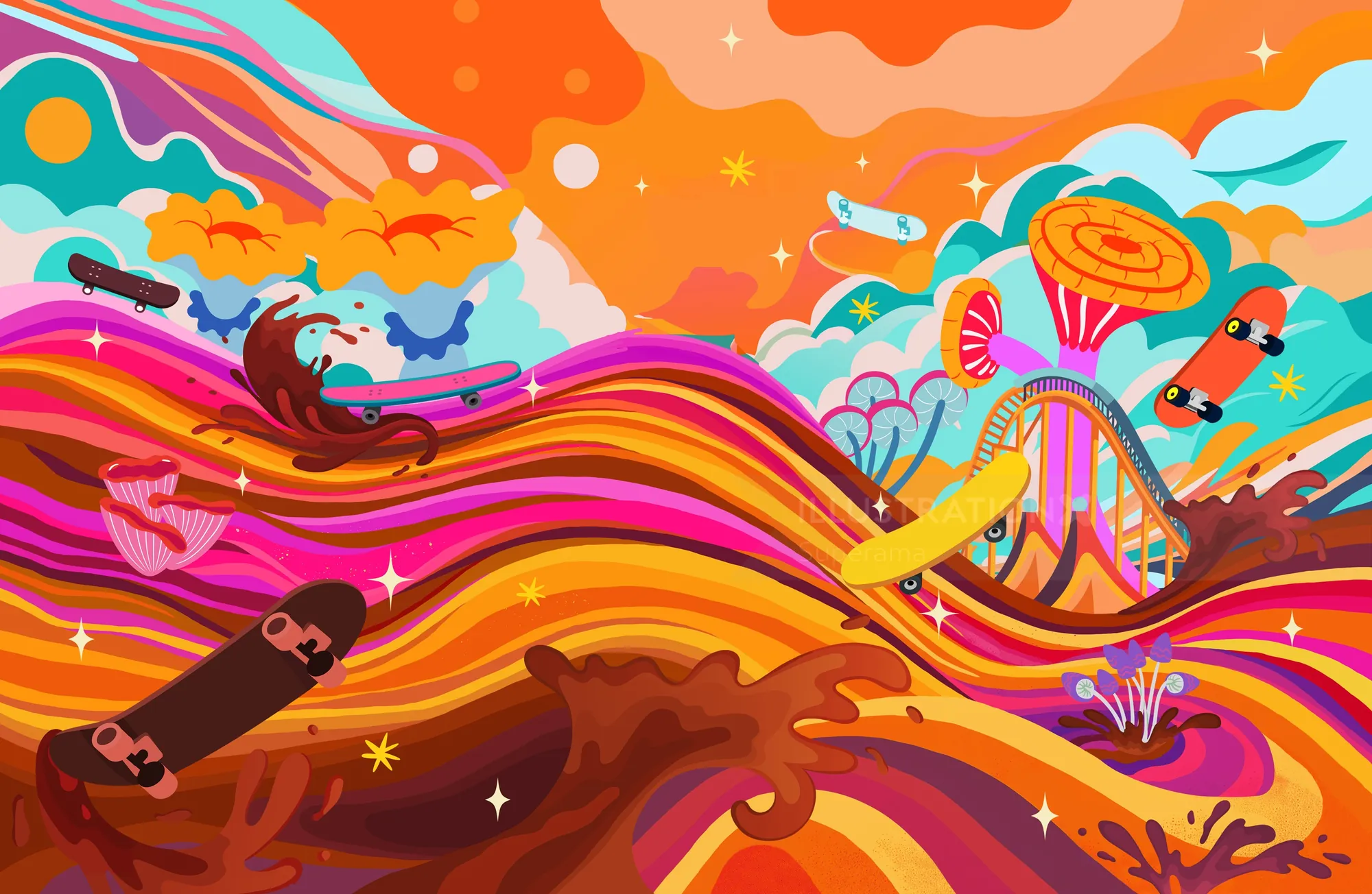 Colorful surreal abstract landscape with skateboards by Superama