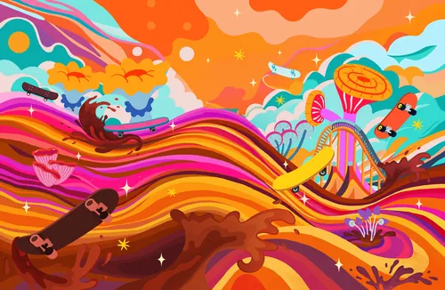 Colorful surreal abstract landscape with skateboards by Superama