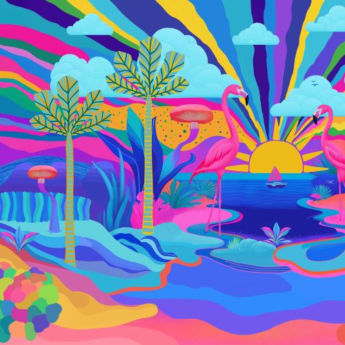 Surreal colorful sunset landscape with abstract trees by Superama