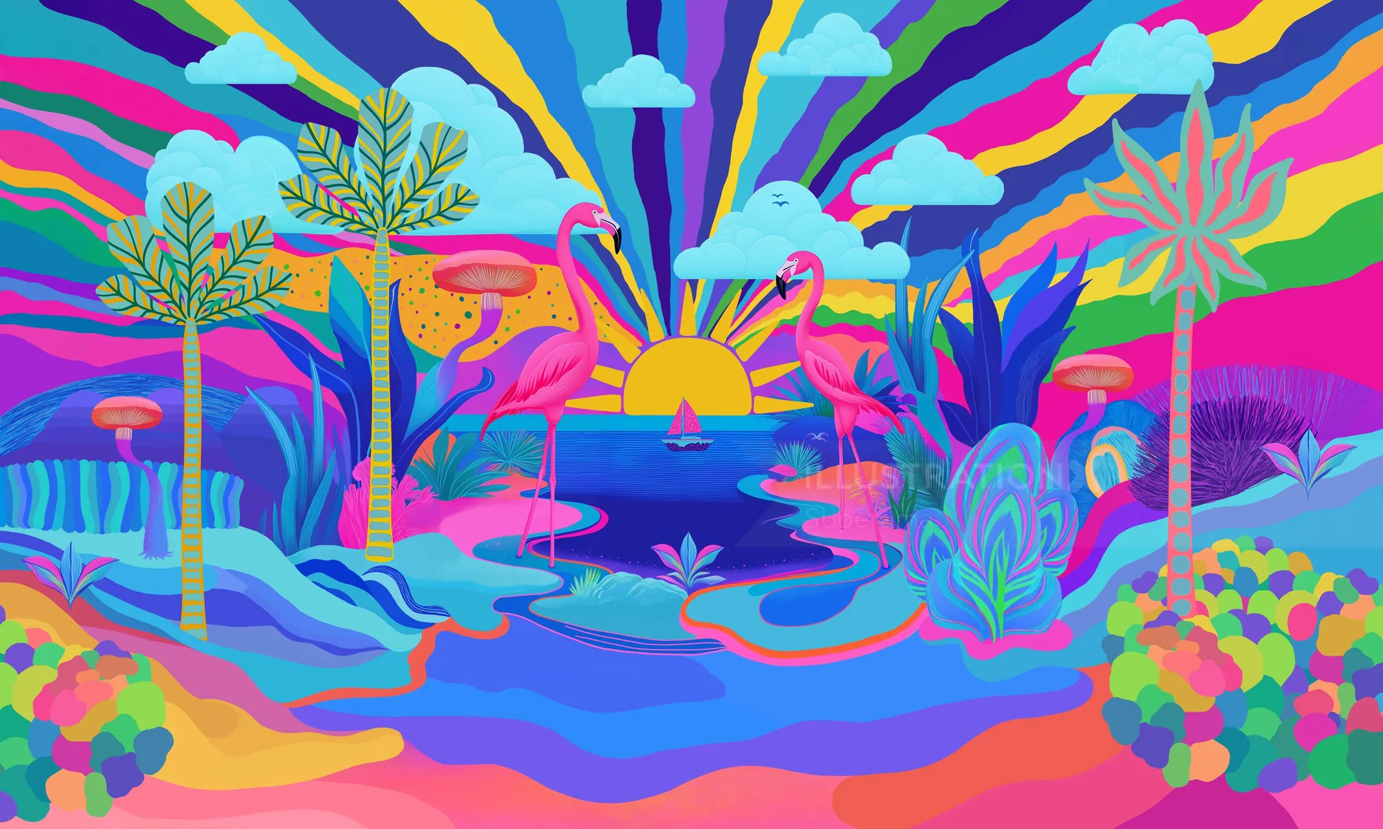 Surreal colorful sunset landscape with abstract trees by Superama