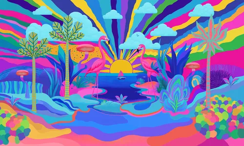 Surreal colorful sunset landscape with abstract trees by Superama