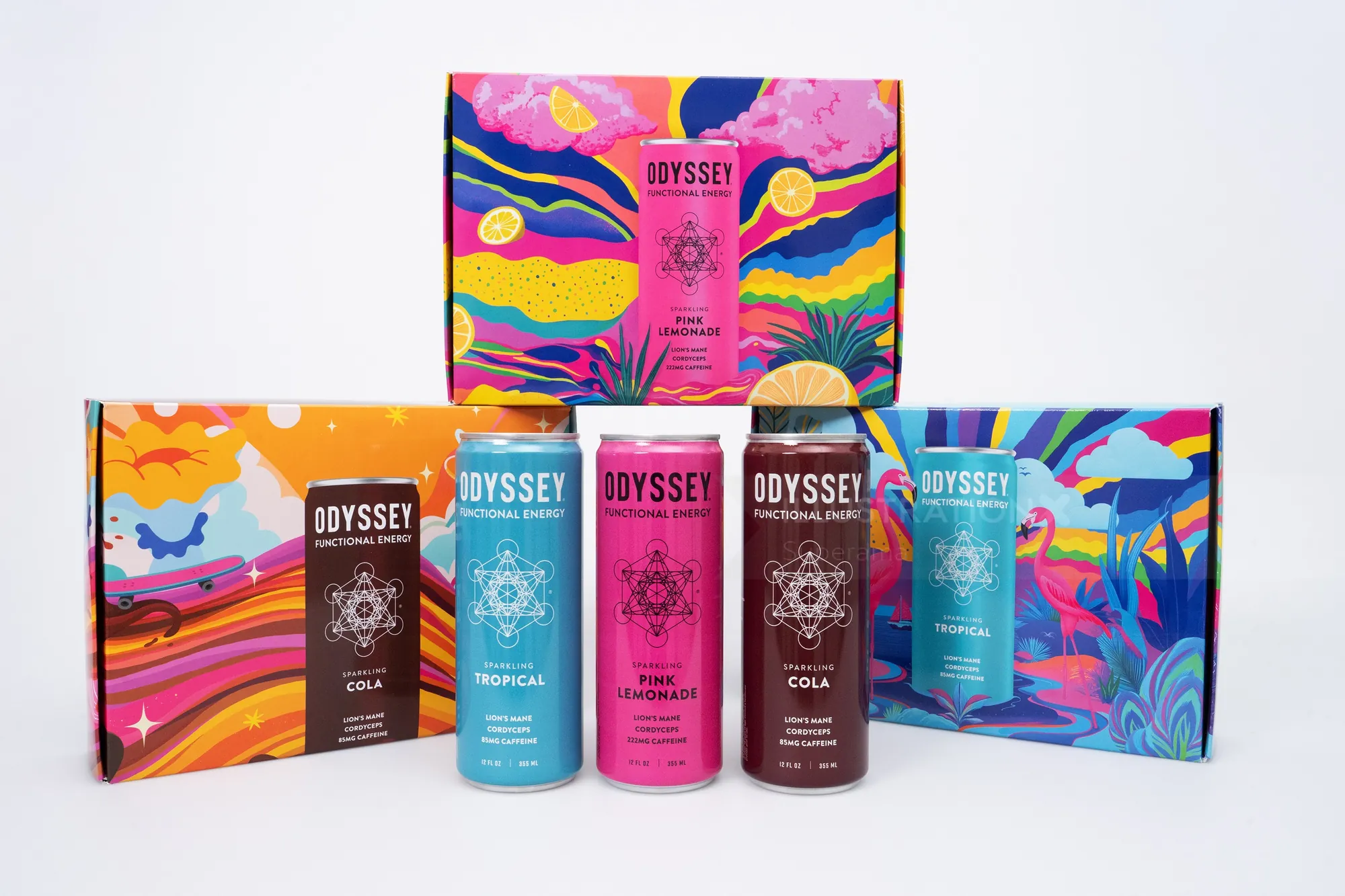 Colorful Odyssey coffee packaging with vibrant designs by Superama