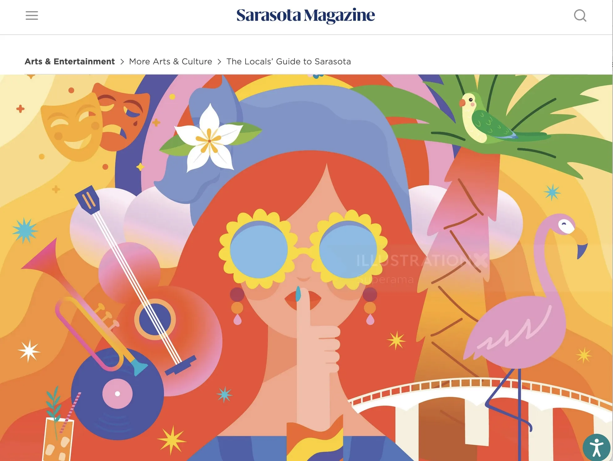Colorful tropical summer scene with guitar, flamingo, and person wearing flower sunglasses by Supera