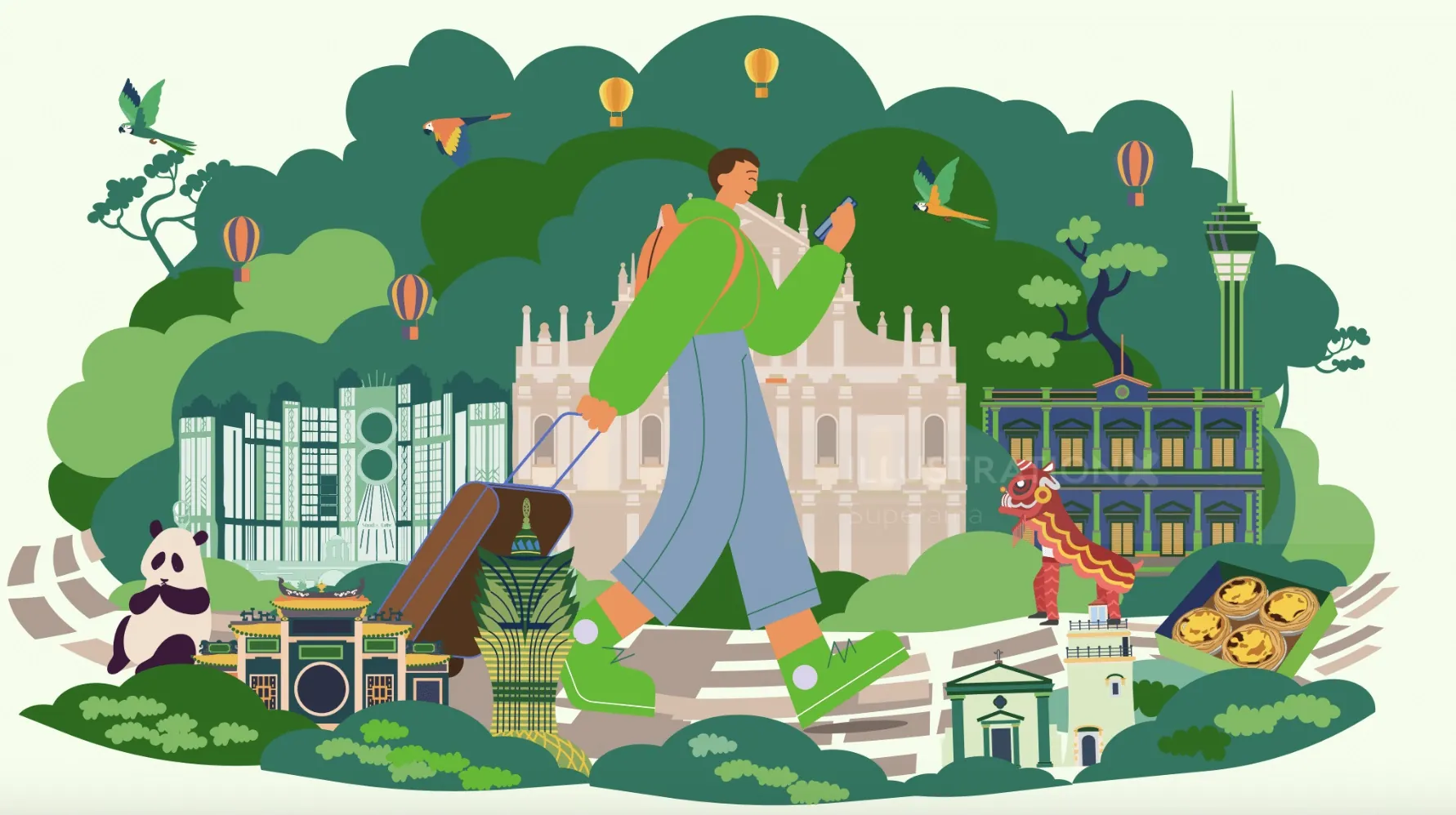 Colorful Milan landmarks with panda and balloons, illustration by Superama