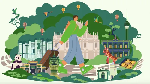 Colorful Milan landmarks with panda and balloons, illustration by Superama