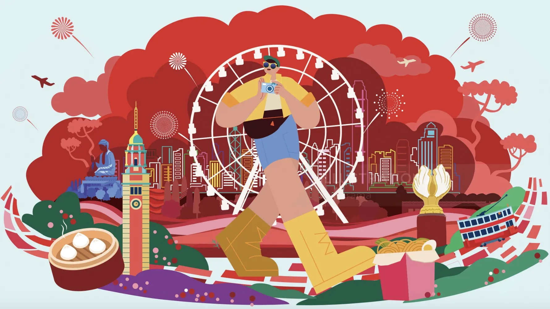 Cityscape illustration with Ferris wheel and person walking by Superama
