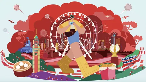Cityscape illustration with Ferris wheel and person walking by Superama