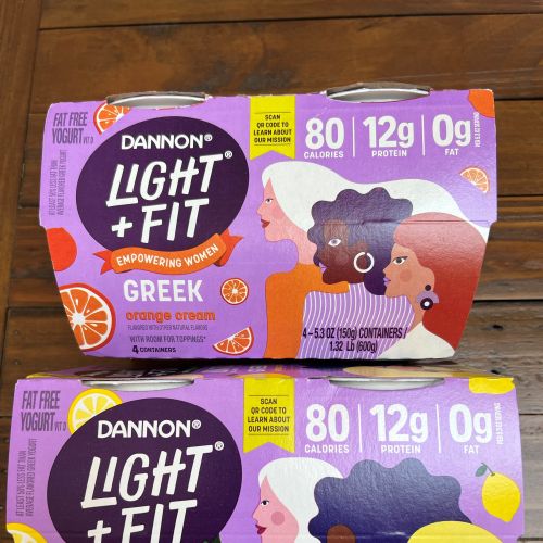 Superama artwork on Dannon Light + Fit Greek yogurt packaging with colorful portraits