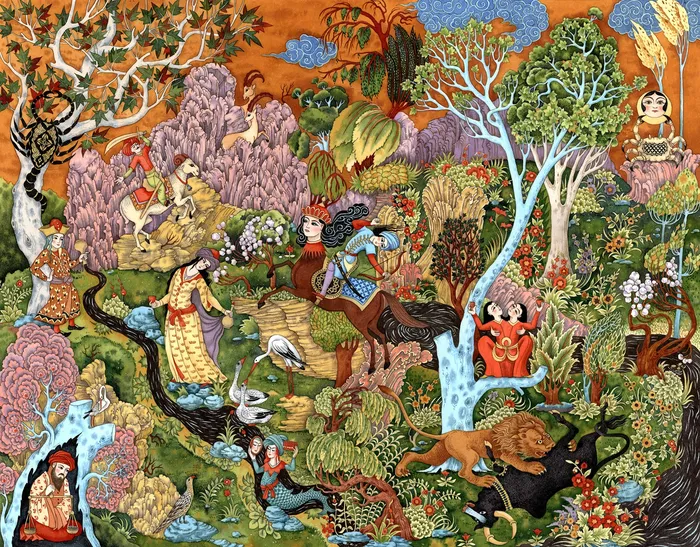 Decorative jungle with animals and people
