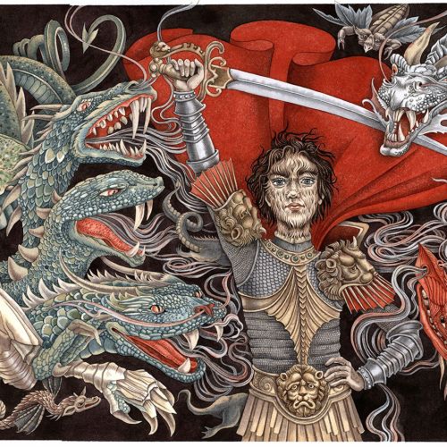 Warrior woman fighting skeletal dragons, artwork by Sveta Dorosheva