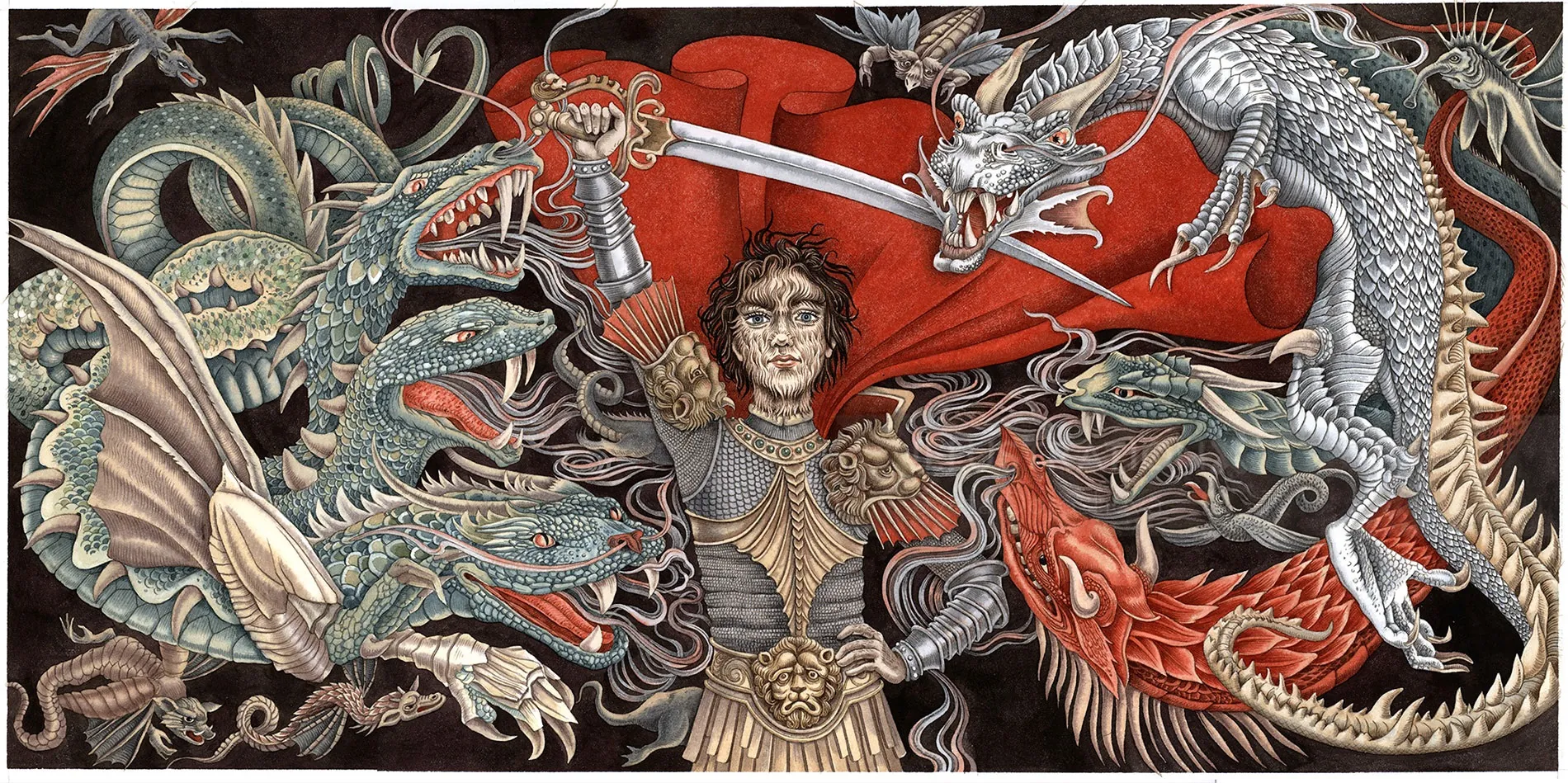 Mujer guerrera luchando contra dragones esqueléticos, obra de Sveta Dorosheva