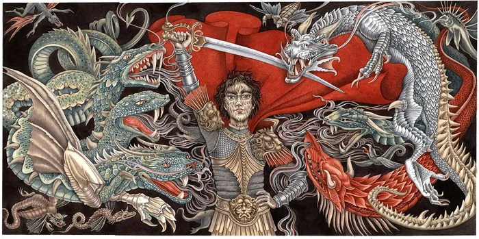 Warrior woman fighting skeletal dragons, artwork by Sveta Dorosheva