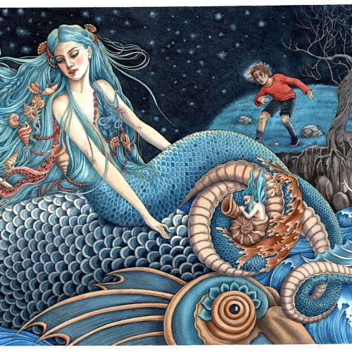 Mermaid with flowing hair in ocean waves near child on rocky shore at night by Sveta Dorosheva