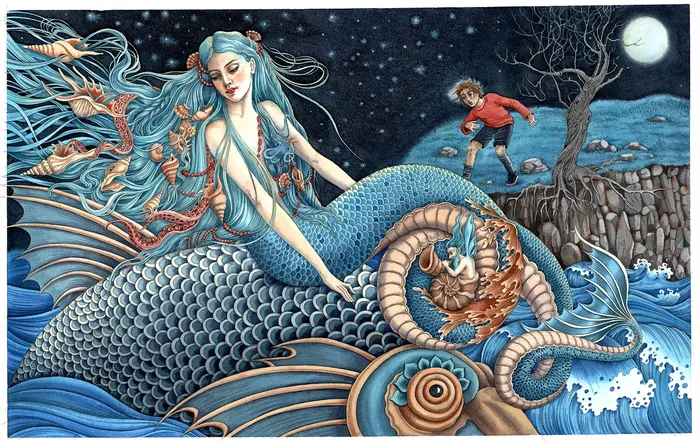 Mermaid with flowing hair in ocean waves near child on rocky shore at night by Sveta Dorosheva