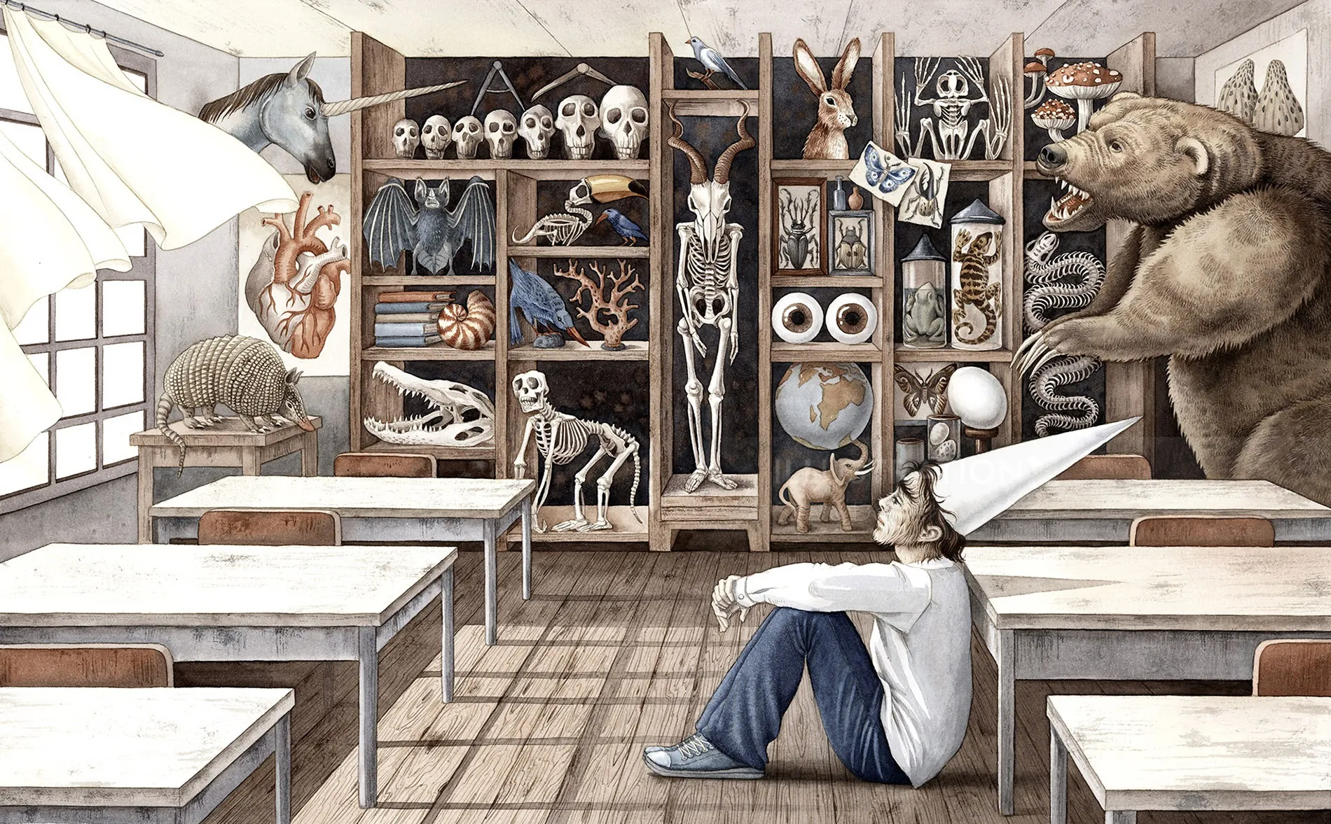 Illustrated classroom with animal skeletons and a student sitting on floor by Sveta Dorosheva