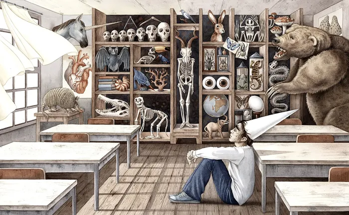 Illustrated classroom with animal skeletons and a student sitting on floor by Sveta Dorosheva