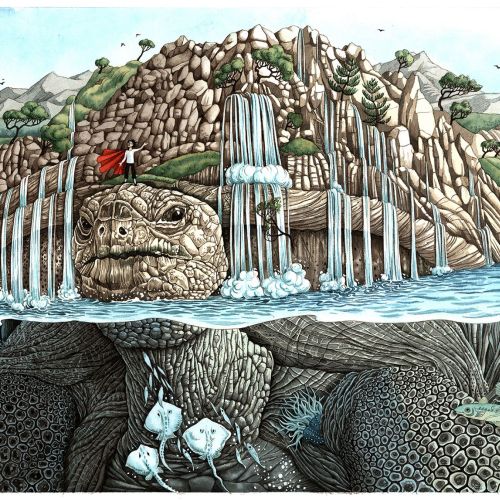 Rocky turtle-shaped formation with waterfalls and mountain landscape by Sveta Dorosheva
