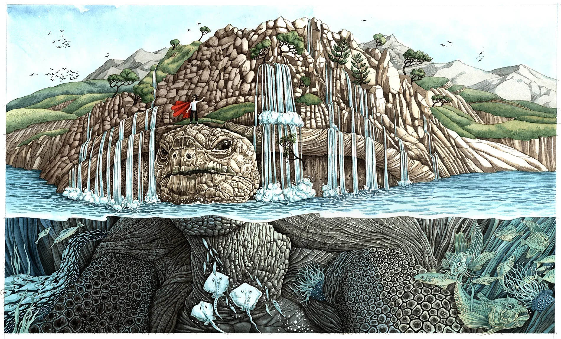 Formación rocosa en forma de tortuga con cascadas y paisaje montañoso por Sveta Dorosheva