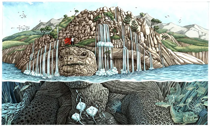 Rocky turtle-shaped formation with waterfalls and mountain landscape by Sveta Dorosheva