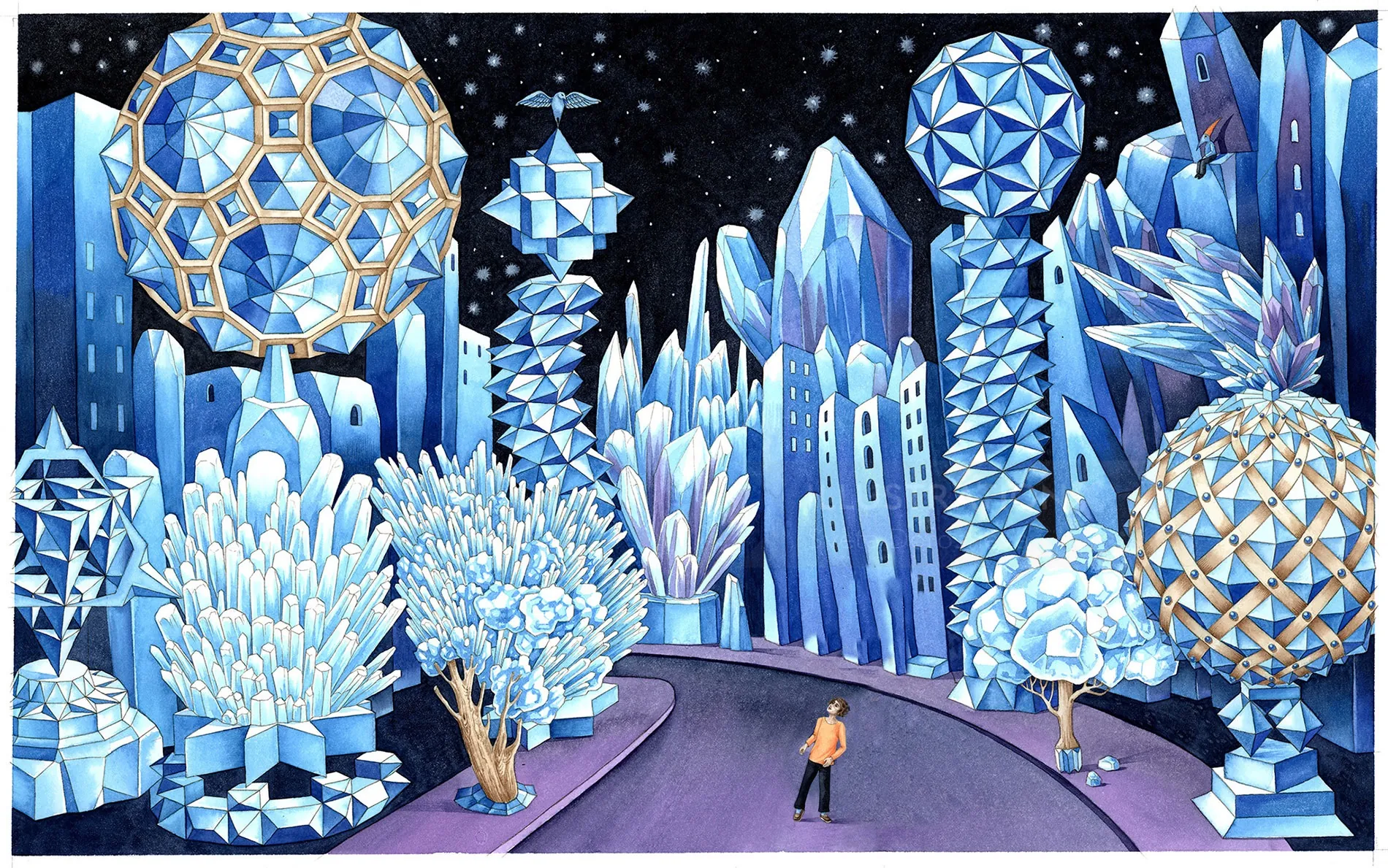 Paisaje urbano surrealista de cristal con formas geométricas y una persona caminando, por Sveta Dorosheva