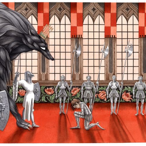 Medieval knights in armor surround a giant raven inside a hall, by Sveta Dorosheva