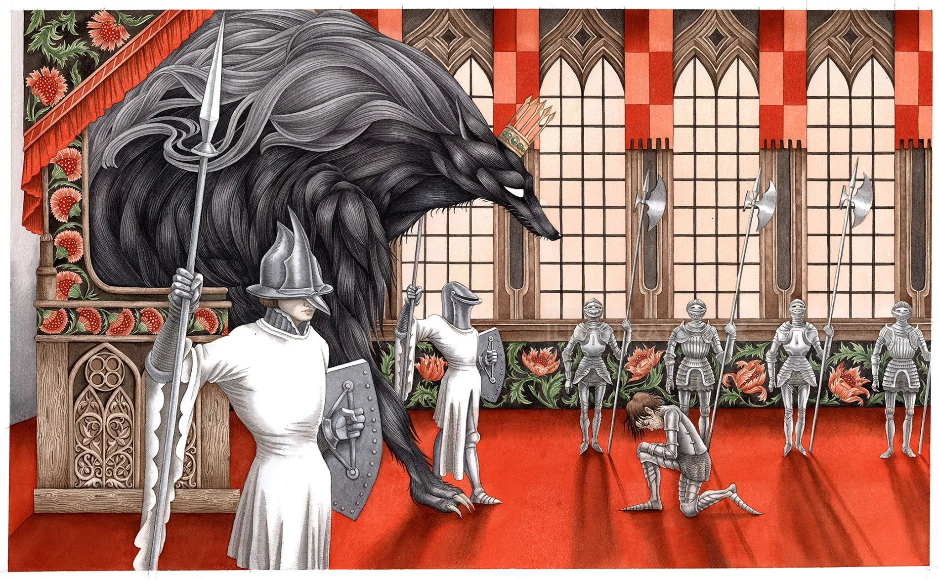 Medieval knights in armor surround a giant raven inside a hall, by Sveta Dorosheva