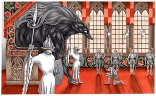 Medieval knights in armor surround a giant raven inside a hall, by Sveta Dorosheva