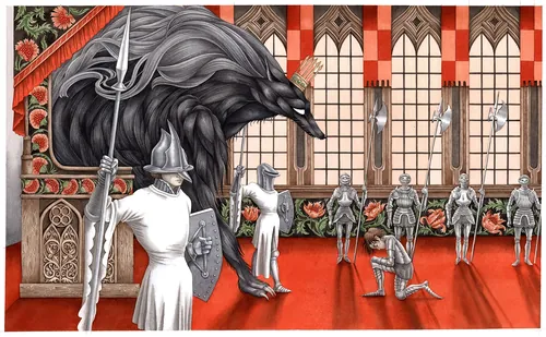 Medieval knights in armor surround a giant raven inside a hall, by Sveta Dorosheva
