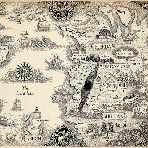 Vintage fantasy map with seas, islands, and fictional kingdoms illustrated by Sveta Dorosheva