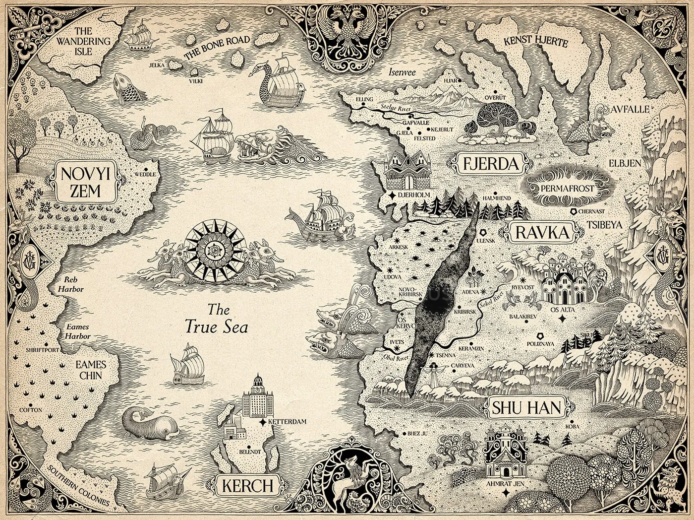 Vintage fantasy map with seas, islands, and fictional kingdoms illustrated by Sveta Dorosheva