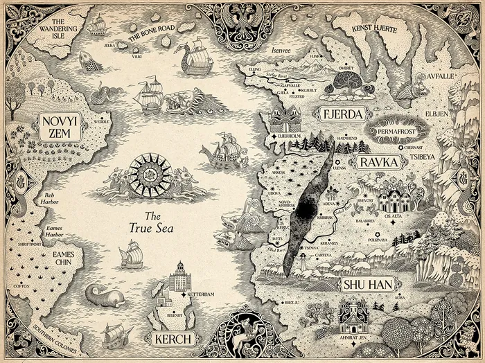 Vintage fantasy map with seas, islands, and fictional kingdoms illustrated by Sveta Dorosheva