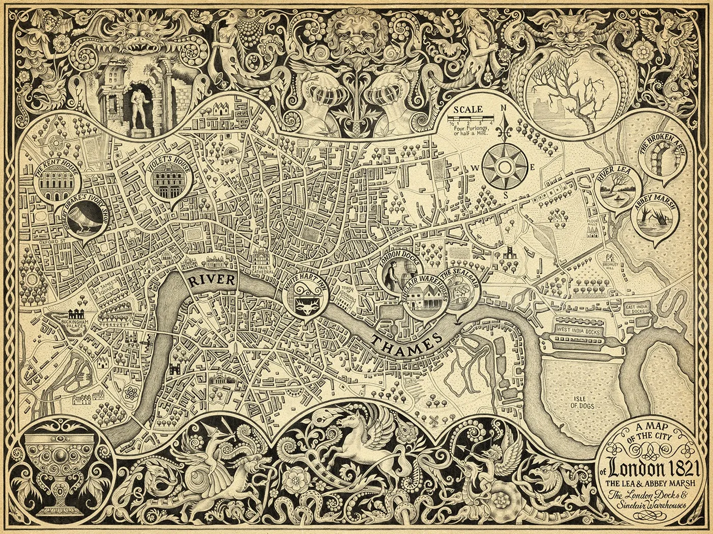 Intricate 1821 London city map with artistic border by Sveta Dorosheva