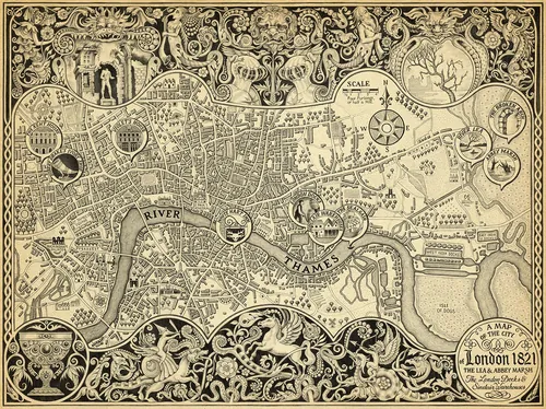 Intricate 1821 London city map with artistic border by Sveta Dorosheva