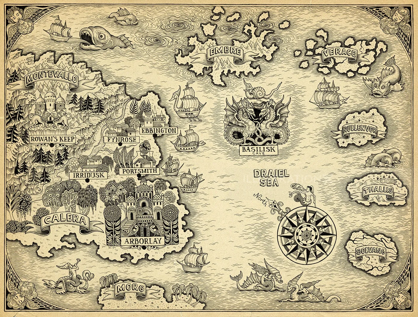 Vintage Fantasy Map with Islands and Sea Creatures | Illustration by Sveta  Dorosheva, image size:1400x1062