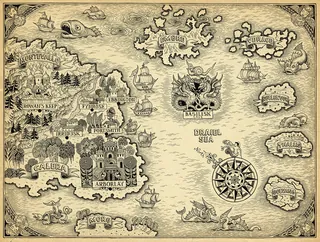 Hand-drawn fantasy map showing islands, forests, ships, and sea monsters by Sveta Dorosheva