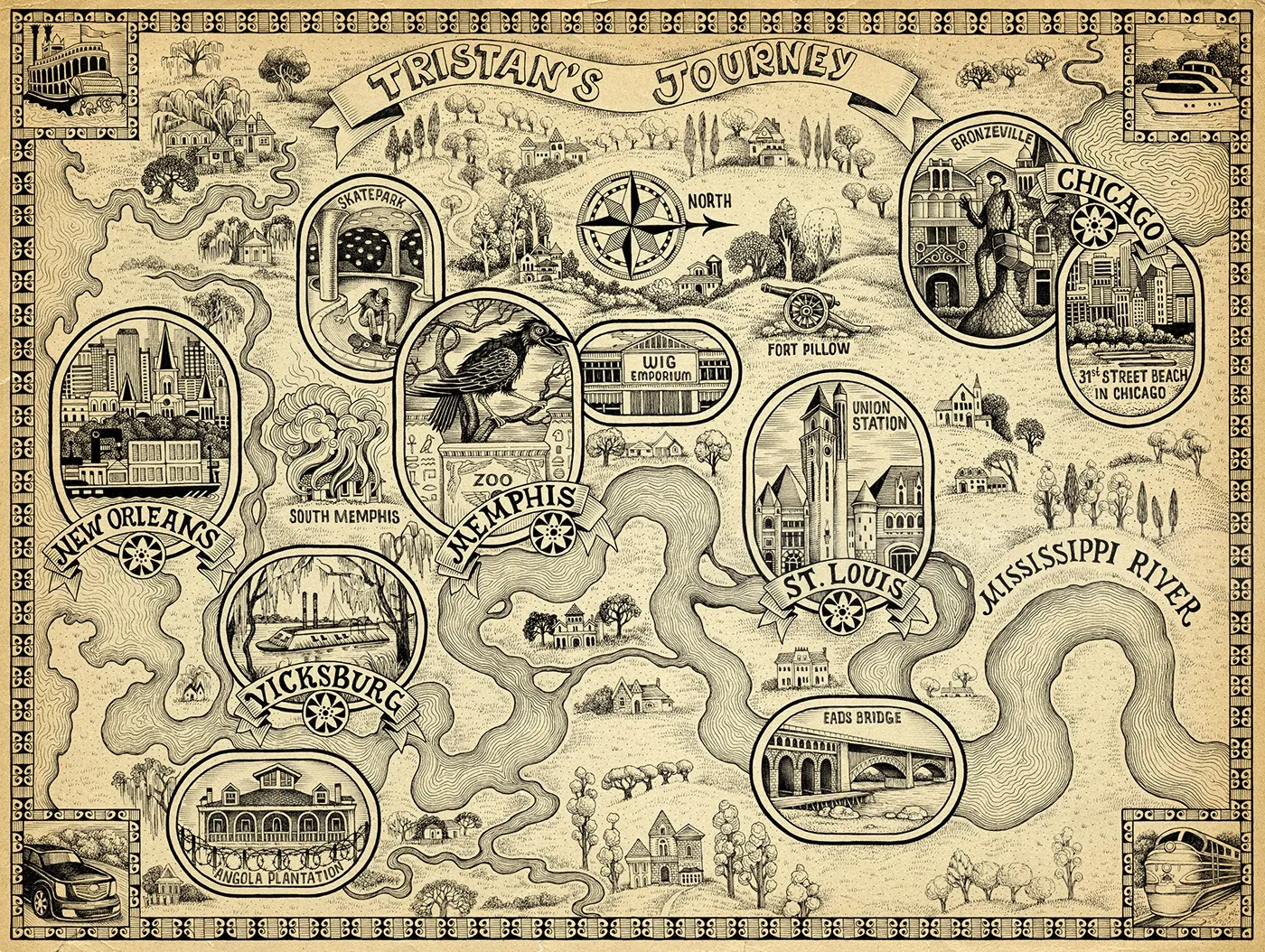 Vintage illustrated map of Mississippi River journey by Sveta Dorosheva