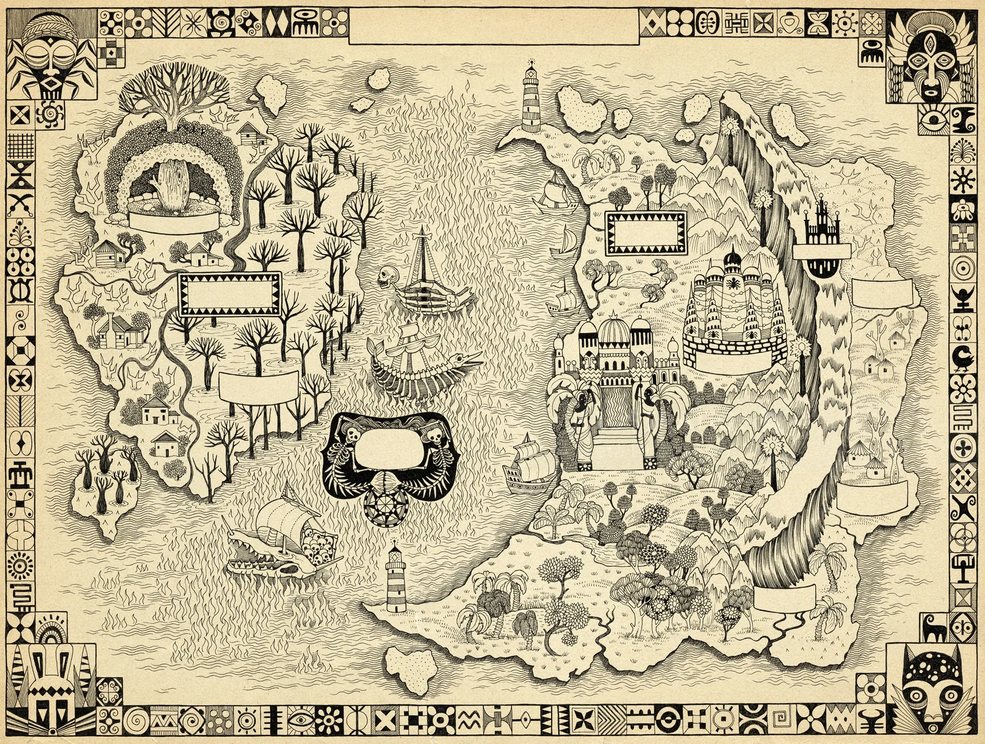 Fantasy map illustration featuring castles, forests, and rivers by Sveta Dorosheva