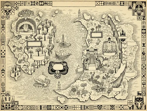 Fantasy map illustration featuring castles, forests, and rivers by Sveta Dorosheva