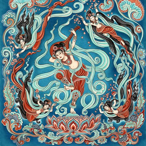 Five women in traditional attire dancing around a lotus flower with swirling patterns by Sveta Doros