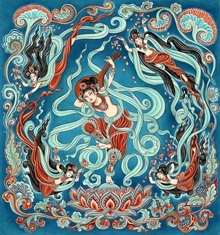Five women in traditional attire dancing around a lotus flower with swirling patterns by Sveta Doros