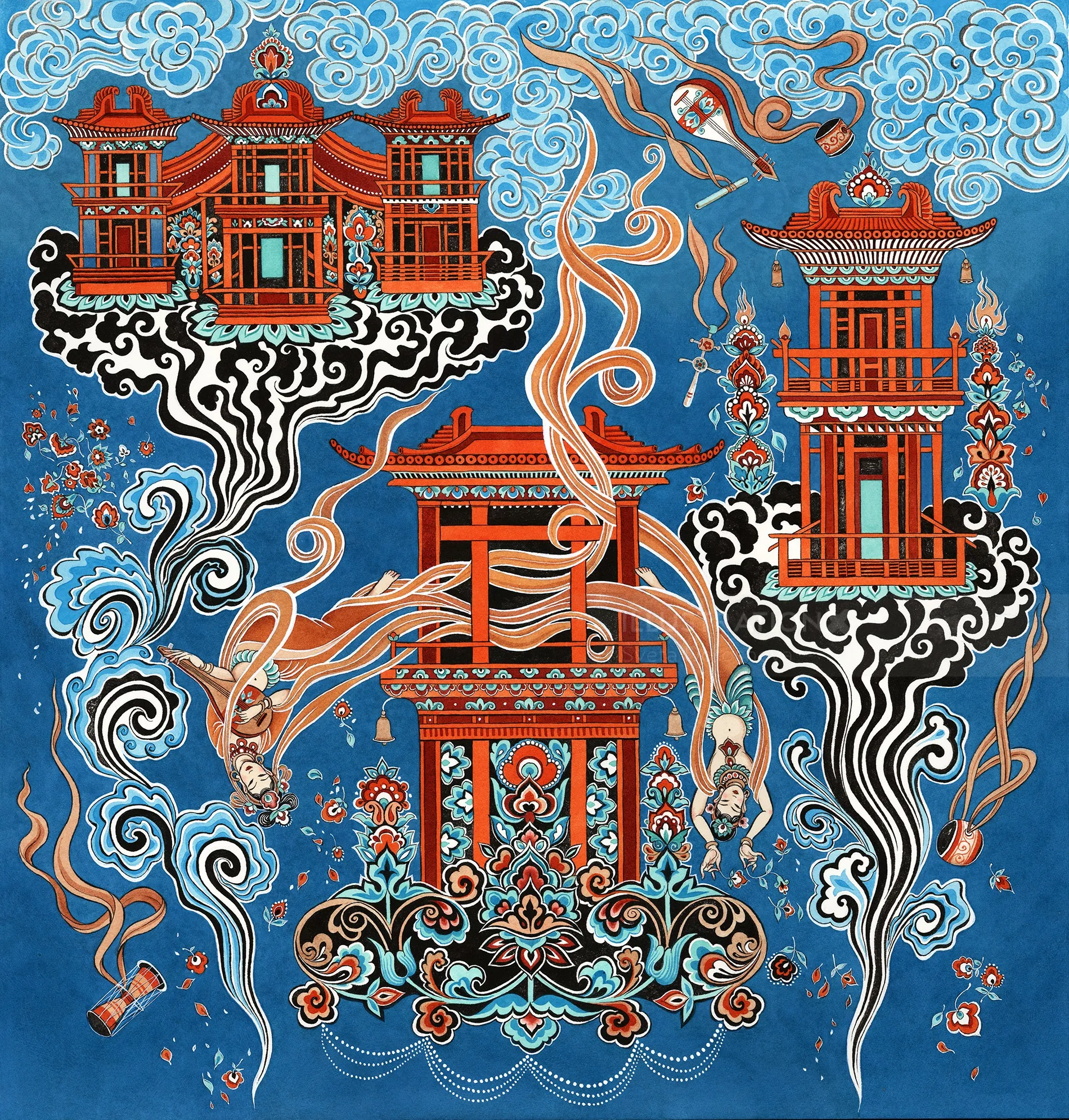 Traditional Japanese shrine illustration with decorative clouds and patterns by Sveta Dorosheva