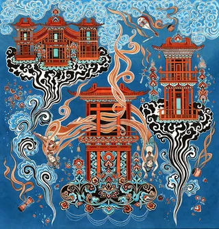 Traditional Japanese shrine illustration with decorative clouds and patterns by Sveta Dorosheva