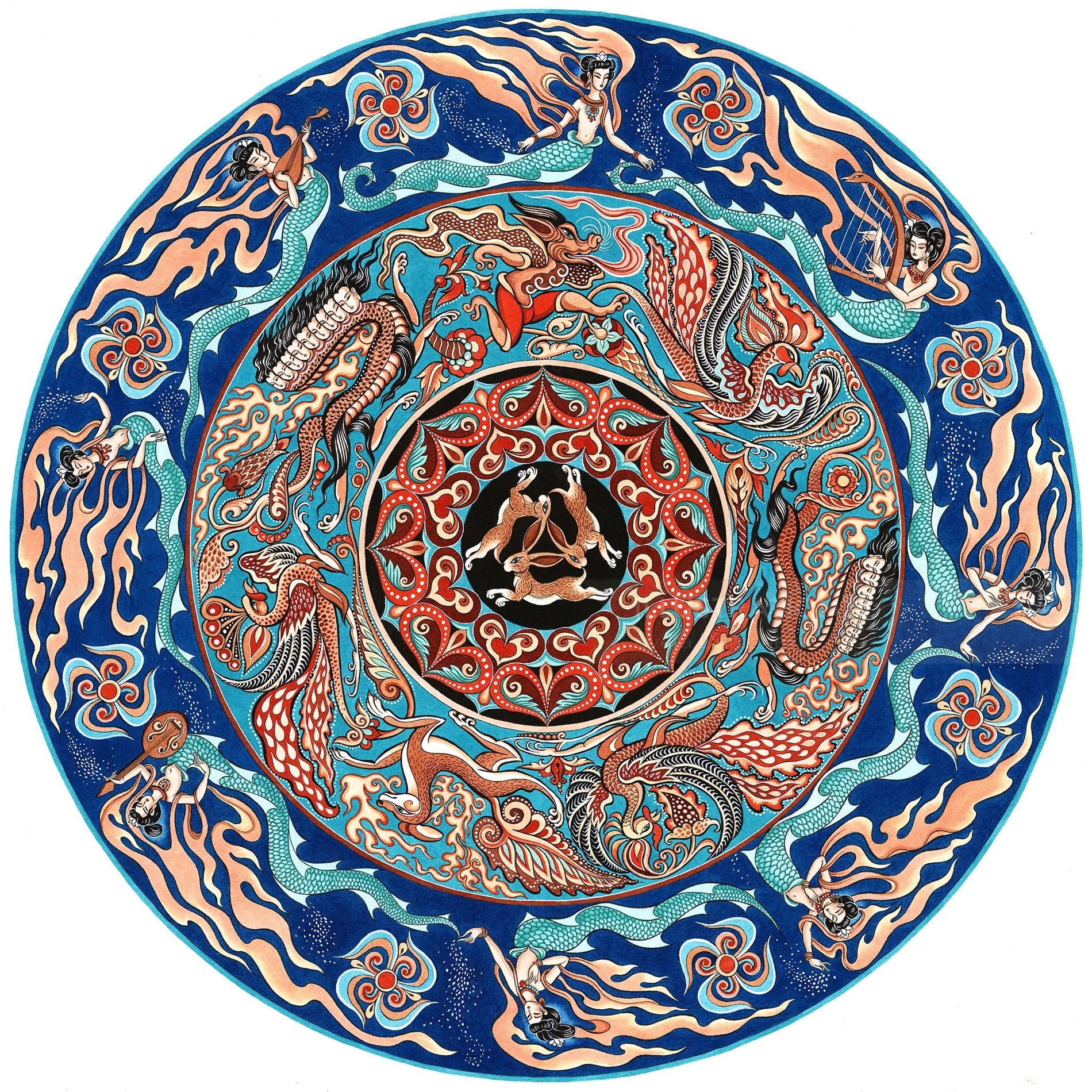 Circular ornate pattern with mythical creatures by Sveta Dorosheva