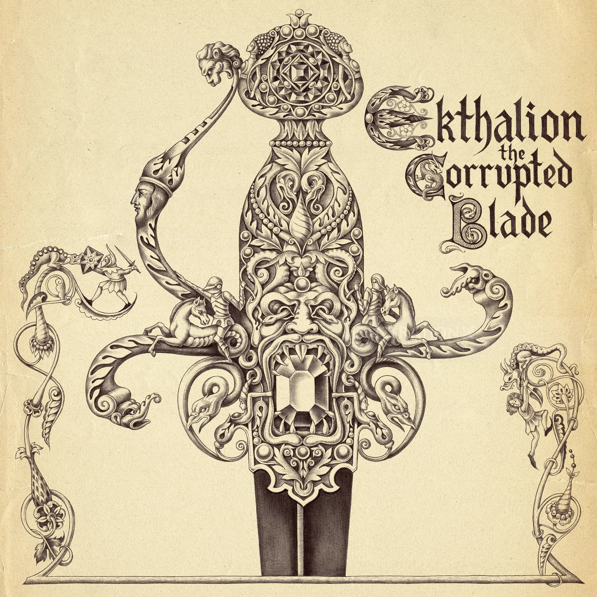Intricate sword illustration titled Ekthalion the Corrupted Blade by Sveta Dorosheva