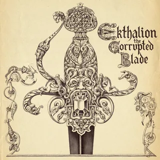 Intricate sword illustration titled Ekthalion the Corrupted Blade by Sveta Dorosheva