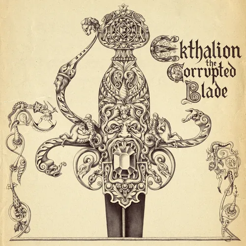 Intricate sword illustration titled Ekthalion the Corrupted Blade by Sveta Dorosheva