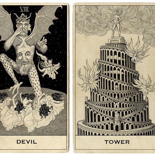 Black and white Devil and Tower tarot cards with detailed symbolic artwork by Sveta Dorosheva
