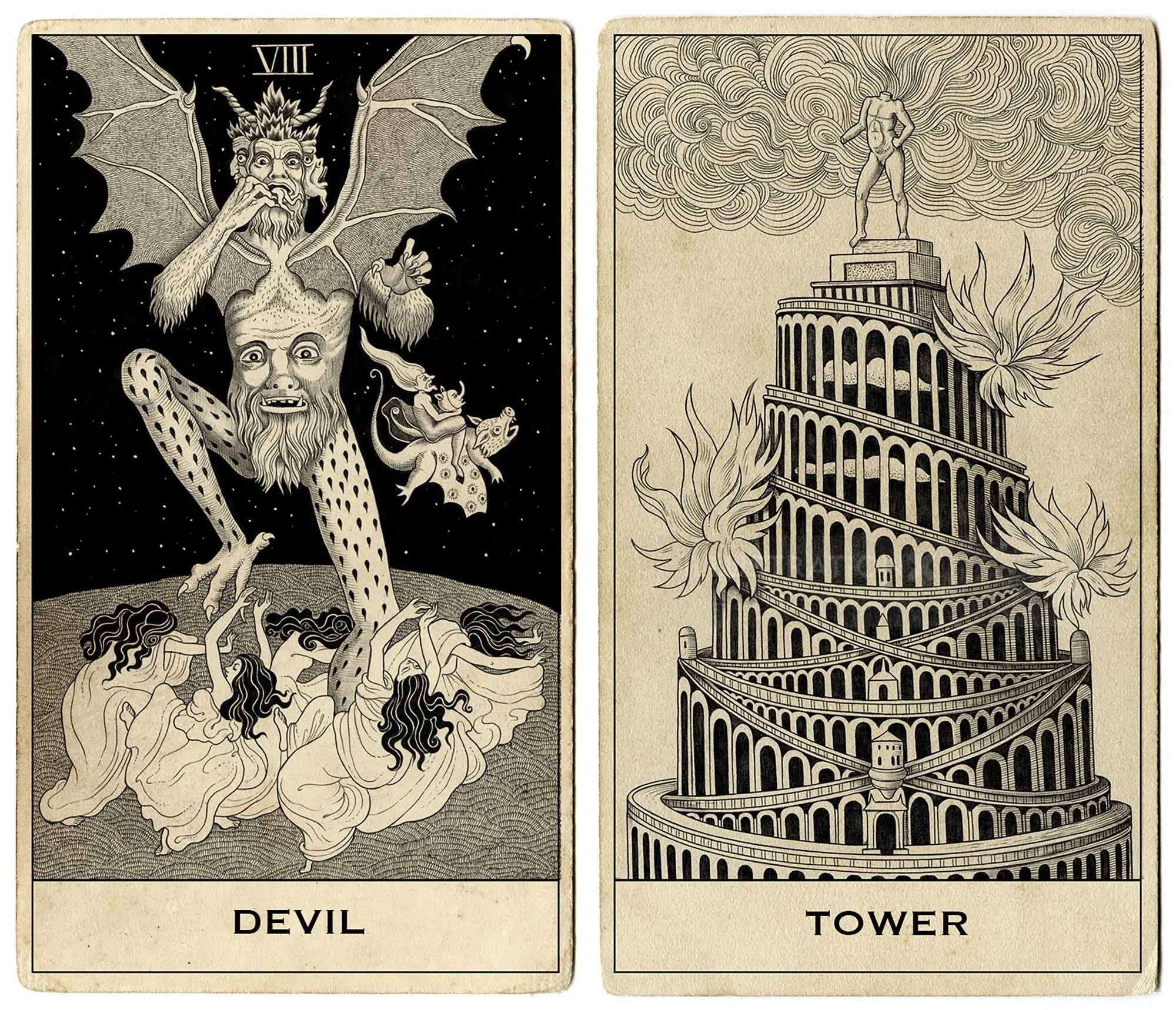 Black and white Devil and Tower tarot cards with detailed symbolic artwork by Sveta Dorosheva