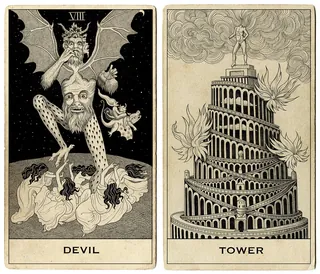 Black and white Devil and Tower tarot cards with detailed symbolic artwork by Sveta Dorosheva