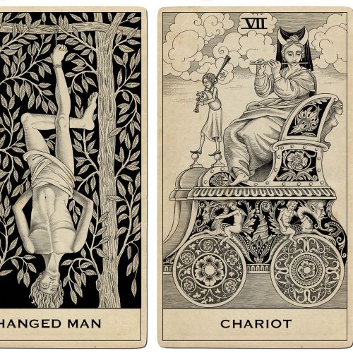 Hanged Man hanging from tree and Chariot tarot card by Sveta Dorosheva